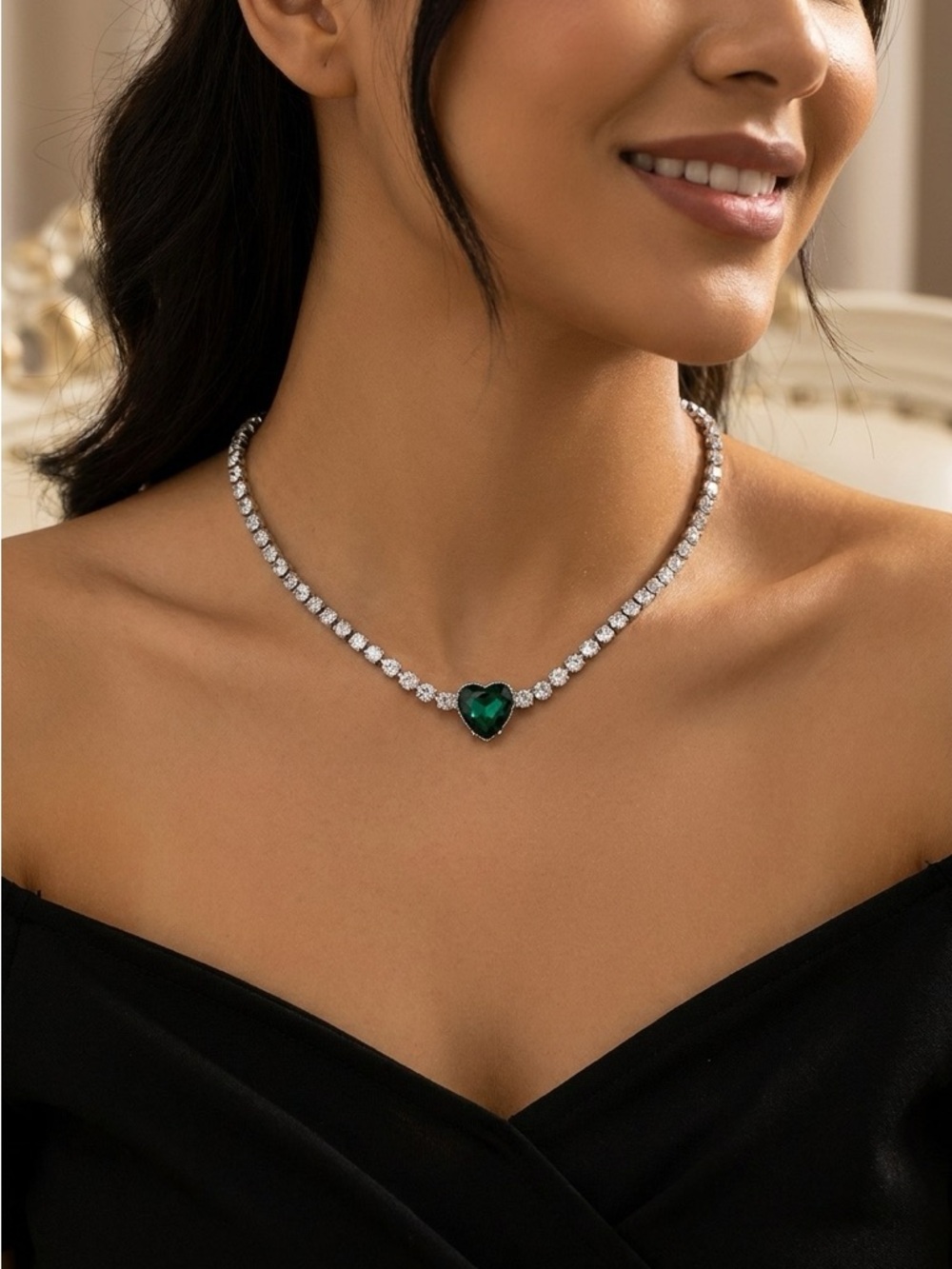 Anthropologie Silver Tennis Necklace with Emerald Heart Pendant